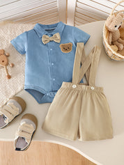 Conjunto Bebê Menino 2 Peças Macacão Body Denim Manga Curta e Shorts Suspensório Urso