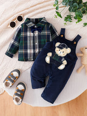 Conjunto 2 Peças Bebê Menino Camisa Xadrez com Gravata Borboleta e Jardineira Urso