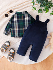 Conjunto 2 Peças Bebê Menino Camisa Xadrez com Gravata Borboleta e Jardineira Urso