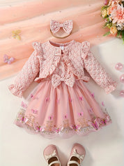 Conjunto Bebê Menina 3 Peças Vestido Tule Borboleta Bolero Jacquard Floral e Faixa