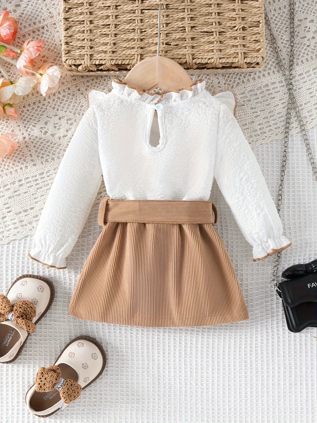 Conjunto 2 Peças Bebê Menina Blusa Texturizada Manga Longa Babado e Saia Cotelê Laço