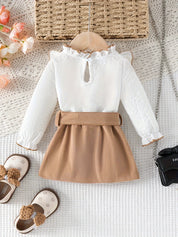 Conjunto 2 Peças Bebê Menina Blusa Texturizada Manga Longa Babado e Saia Cotelê Laço