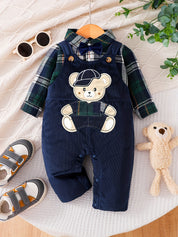 Conjunto 2 Peças Bebê Menino Camisa Xadrez com Gravata Borboleta e Jardineira Urso