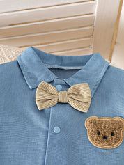 Conjunto Bebê Menino 2 Peças Macacão Body Denim Manga Curta e Shorts Suspensório Urso