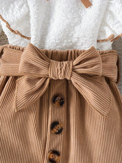Conjunto 2 Peças Bebê Menina Blusa Texturizada Manga Longa Babado e Saia Cotelê Laço