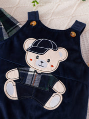 Conjunto 2 Peças Bebê Menino Camisa Xadrez com Gravata Borboleta e Jardineira Urso