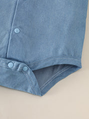 Conjunto Bebê Menino 2 Peças Macacão Body Denim Manga Curta e Shorts Suspensório Urso