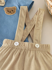Conjunto Bebê Menino 2 Peças Macacão Body Denim Manga Curta e Shorts Suspensório Urso
