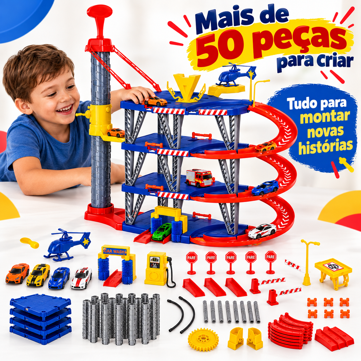 Garagem infantil com mais de cinquenta peças e acessórios