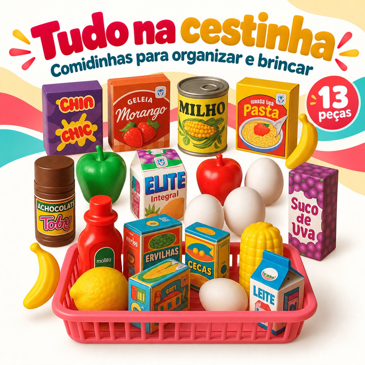 Cestinha de mercadinho infantil com 13 peças