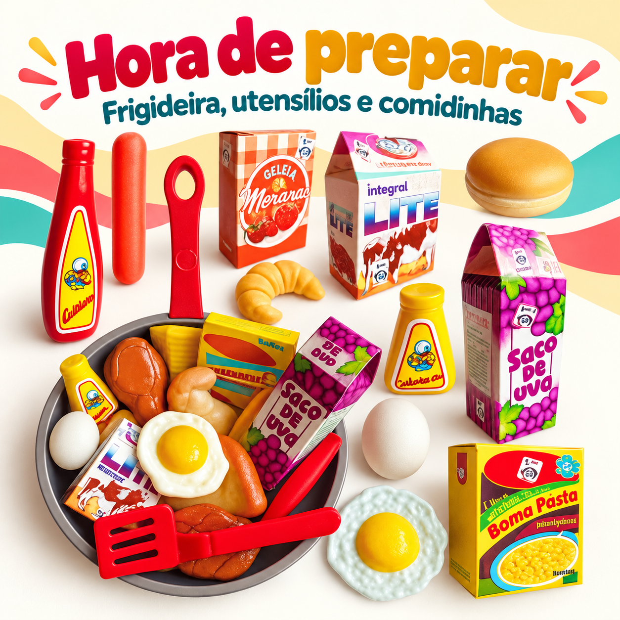 Conjunto infantil com frigideira, utensílios e comidinhas