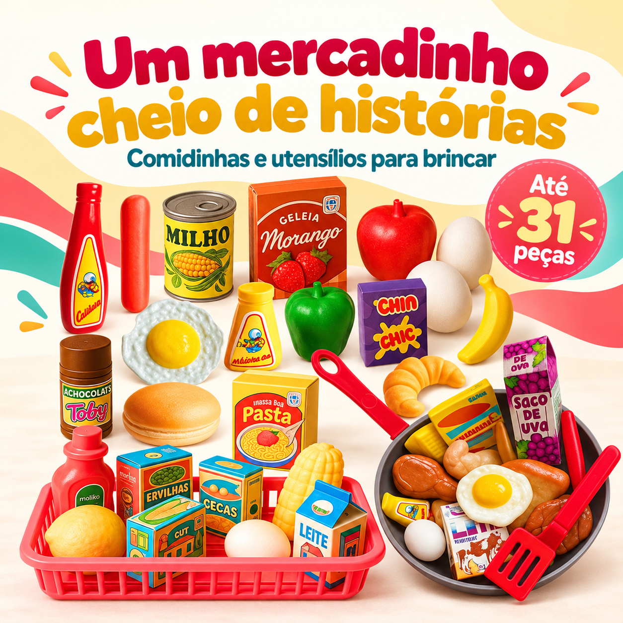 Kit infantil mercadinho com comidinhas, cestinha e frigideira