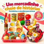 Kit infantil mercadinho com comidinhas, cestinha e frigideira