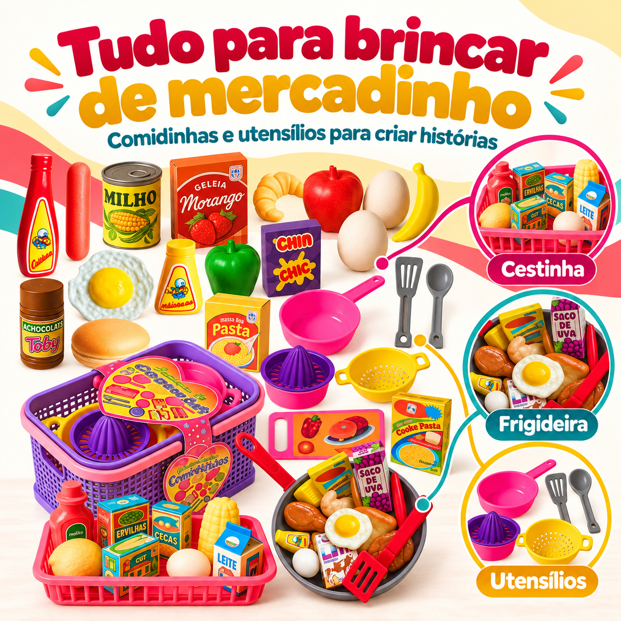 Cestinha, frigideira e utensílios do kit mercadinho infantil