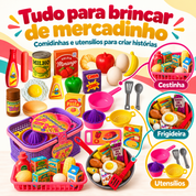 Cestinha, frigideira e utensílios do kit mercadinho infantil