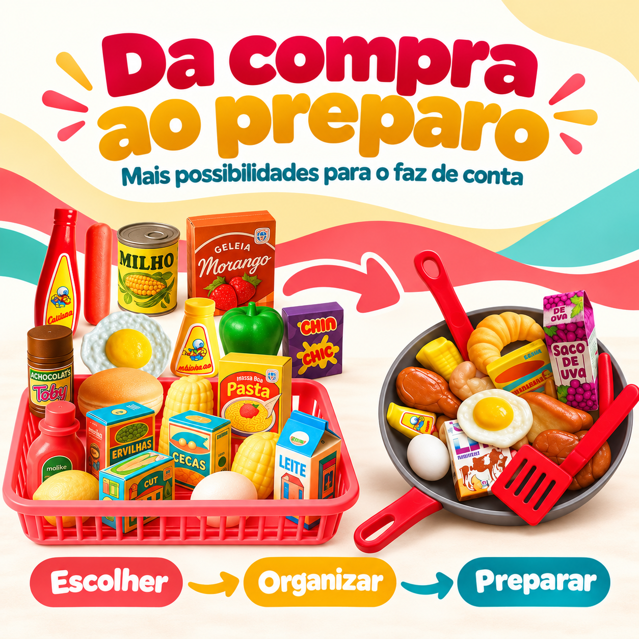 Brincadeira de escolher, organizar e preparar com o kit mercadinho