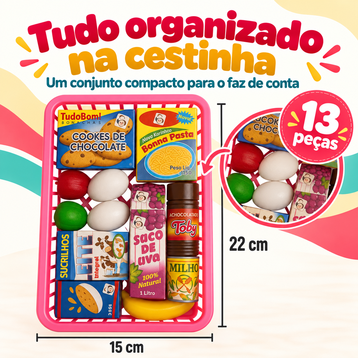 Cestinha infantil com 13 peças e medidas de 22 por 15 centímetros