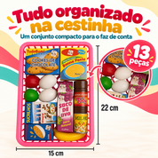 Cestinha infantil com 13 peças e medidas de 22 por 15 centímetros