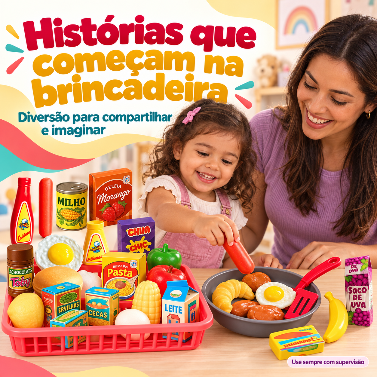 Criança brincando com kit mercadinho acompanhada por responsável