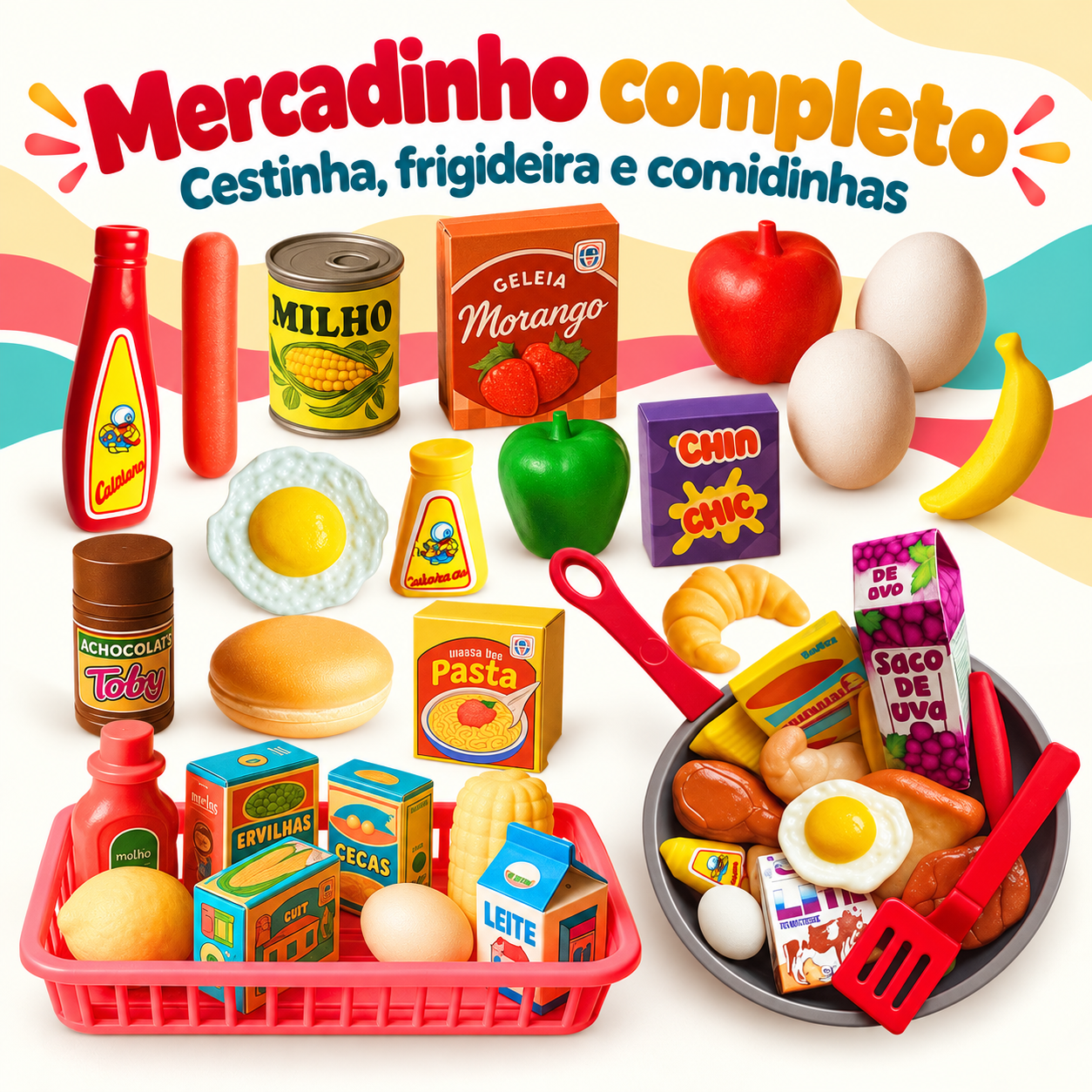 Kit completo infantil com cestinha, frigideira e comidinhas