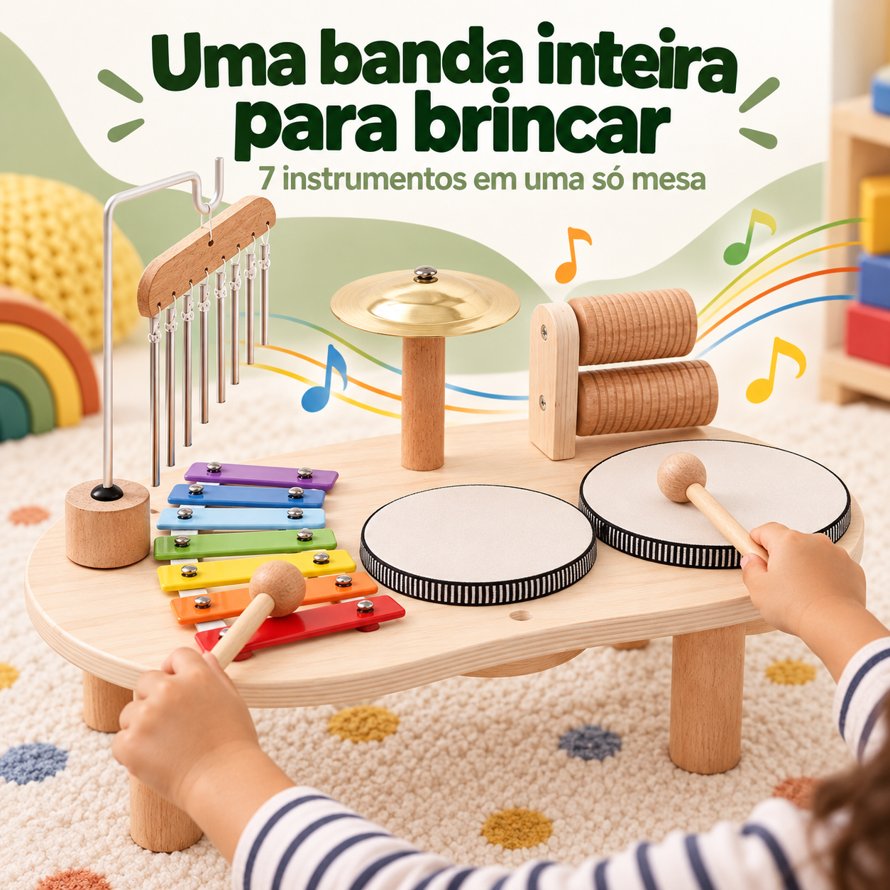 Mesa musical infantil 7 em 1 de madeira com xilofone, tambores, címbalo, carrilhão e guiro