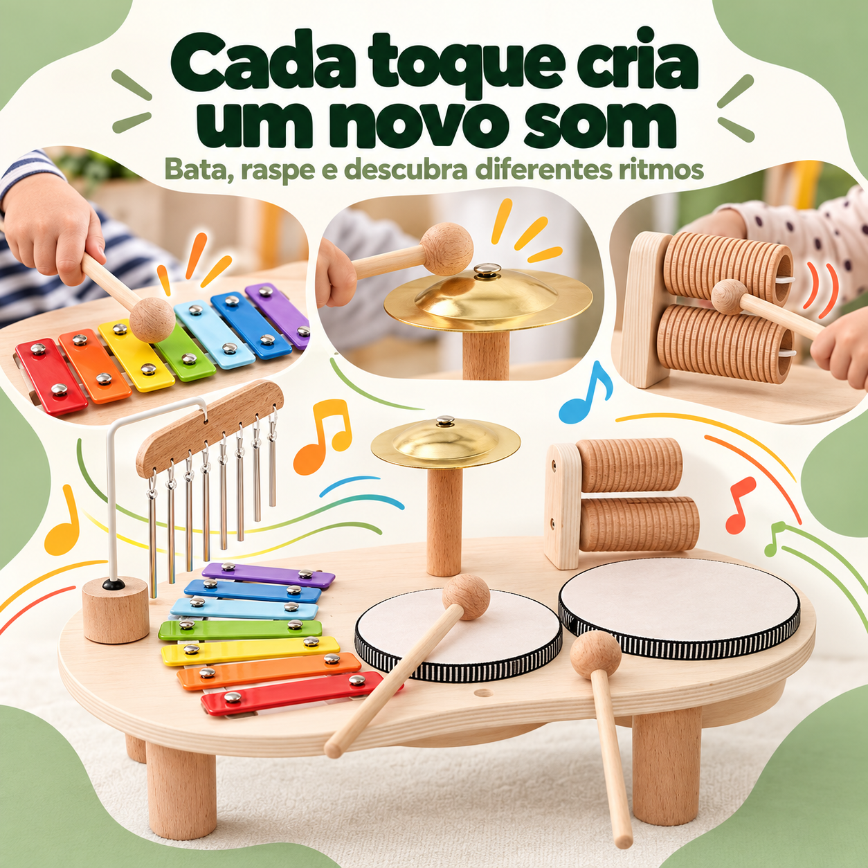 Detalhes dos diferentes instrumentos e sons da mesa musical infantil 7 em 1