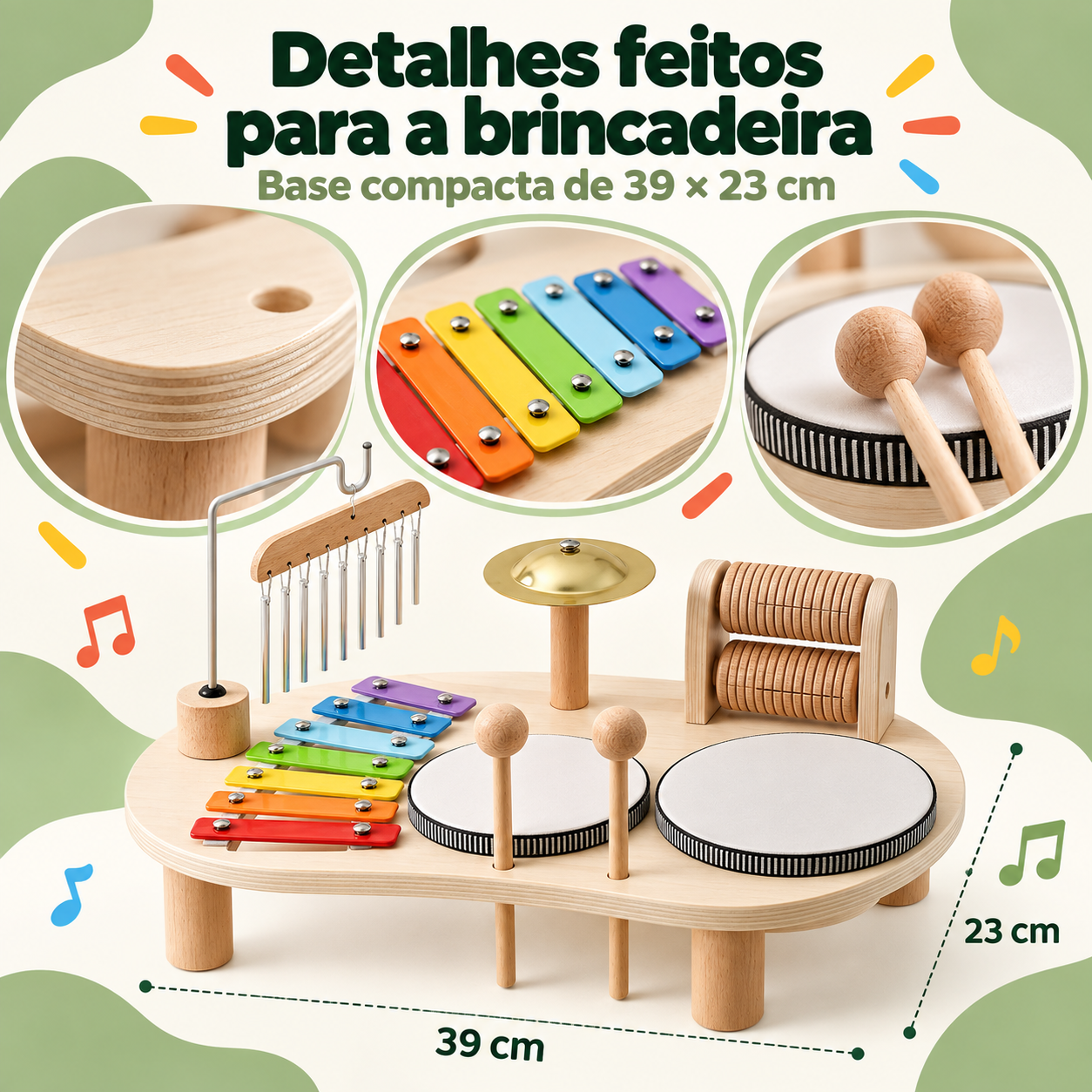Detalhes e medidas de 39 por 23 centímetros da mesa musical infantil de madeira
