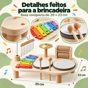 Detalhes e medidas de 39 por 23 centímetros da mesa musical infantil de madeira