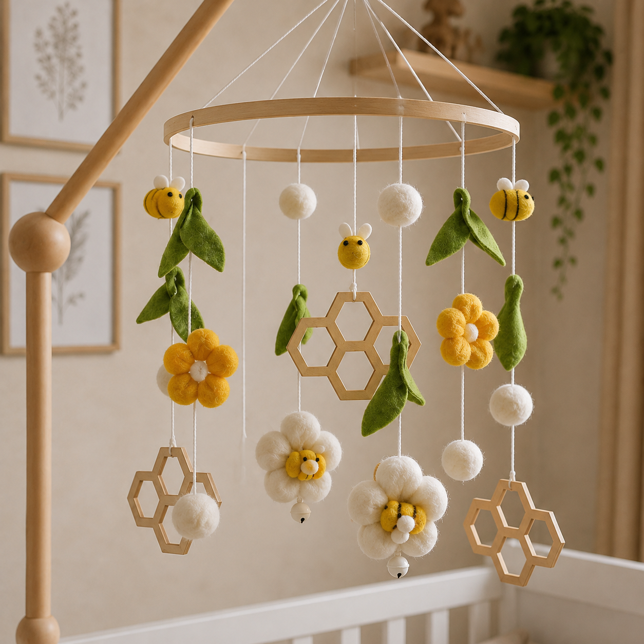 Close realista dos detalhes do móbile com abelhinhas, flores, folhas e colmeias