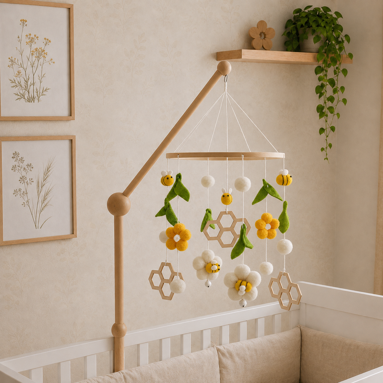 Móbile para berço com abelhinhas, flores e colmeias em quarto de bebê realista