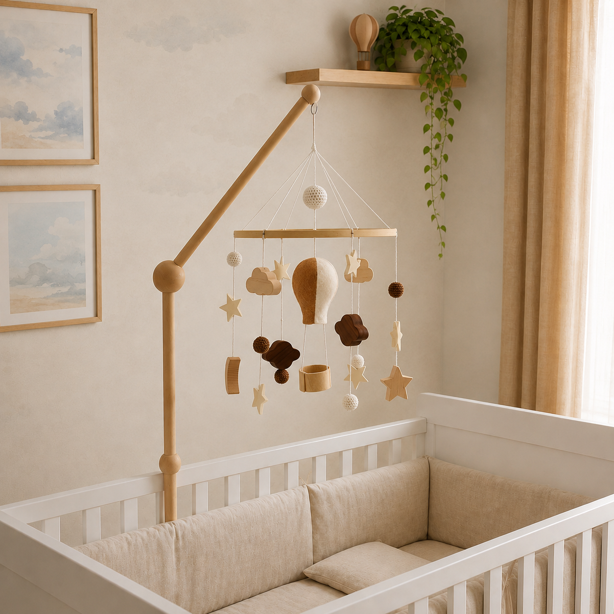 Móbile para berço com balão, nuvens e estrelas em quarto de bebê