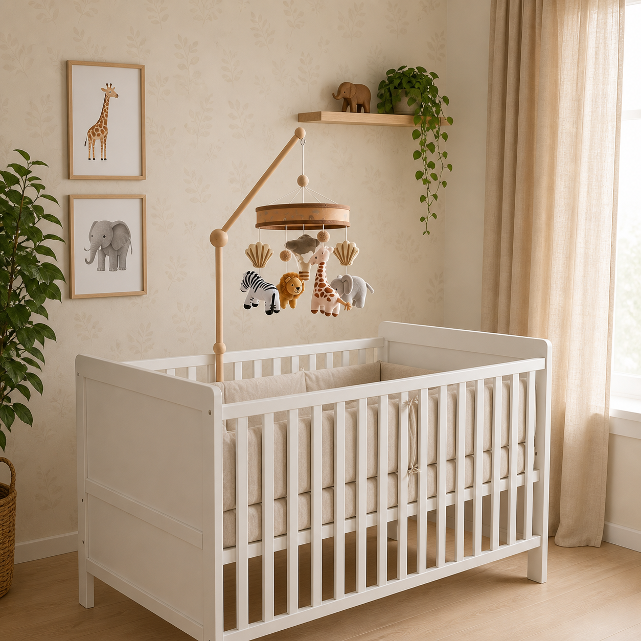 Móbile para berço Safari em quarto de bebê decorado — ambiente completo
