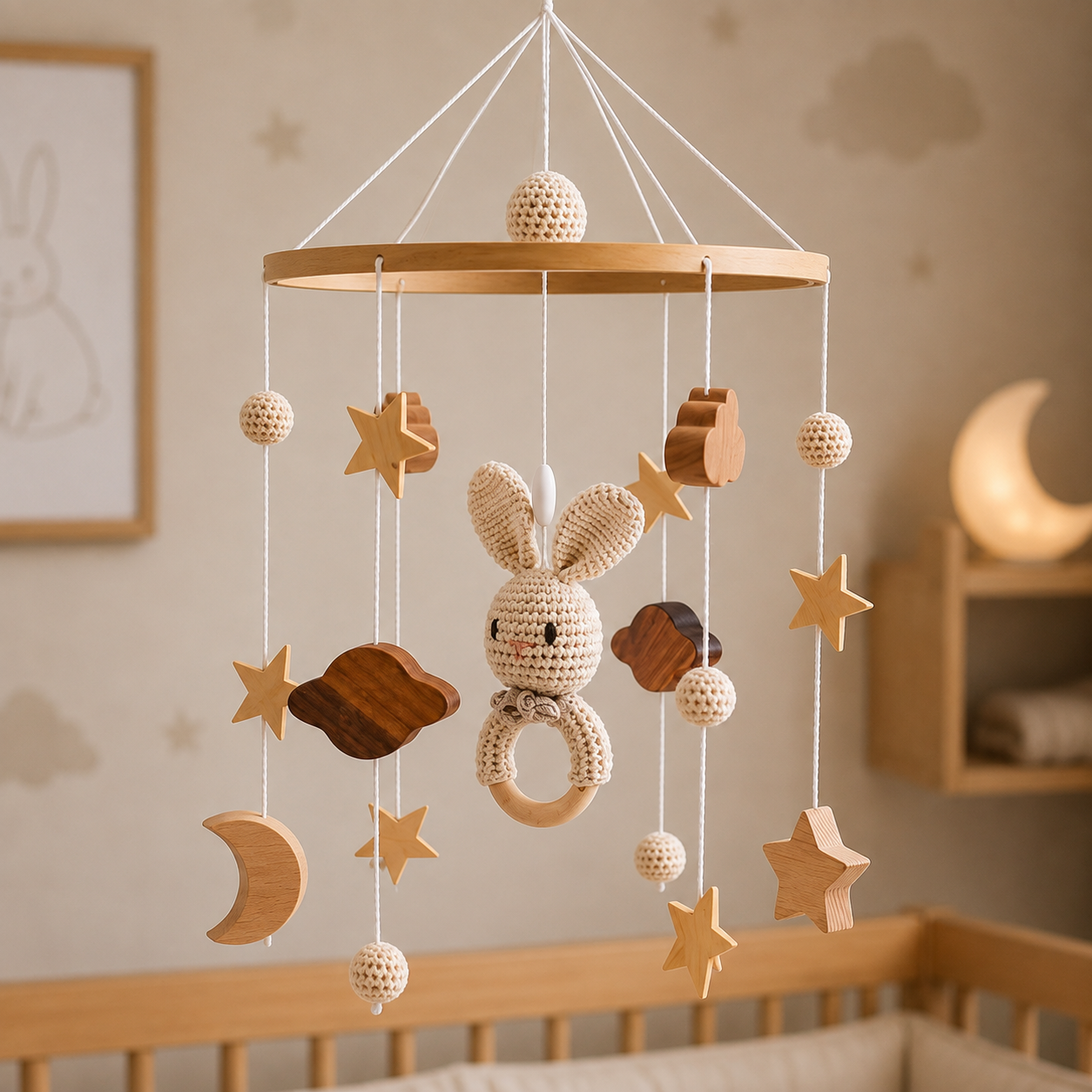 Detalhes do móbile para berço com coelhinho de crochê, argola, lua, estrelas e nuvens