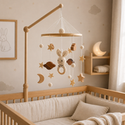 Móbile para berço com coelhinho, lua e estrelas em quarto de bebê neutro