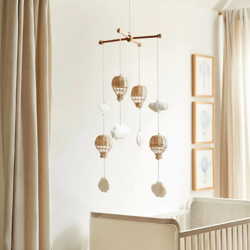 Móbile Infantil Balão de Ar Quente em Rattan e Nuvens de Madeira Rattan Decorativo 05 Kabannas 