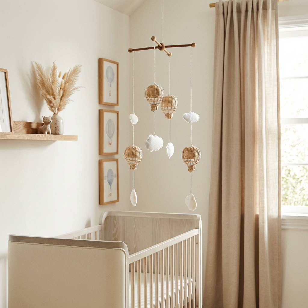 Móbile Infantil Balão de Ar Quente em Rattan e Nuvens de Madeira Rattan Decorativo 05 Kabannas