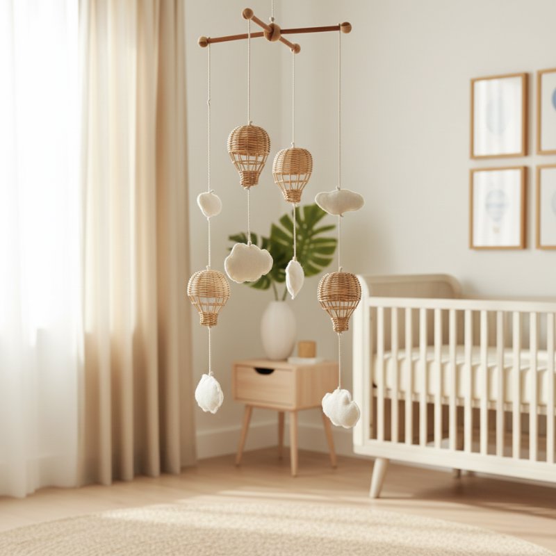 Móbile Infantil Balão de Ar Quente em Rattan e Nuvens de Madeira Rattan Decorativo 05 Kabannas 
