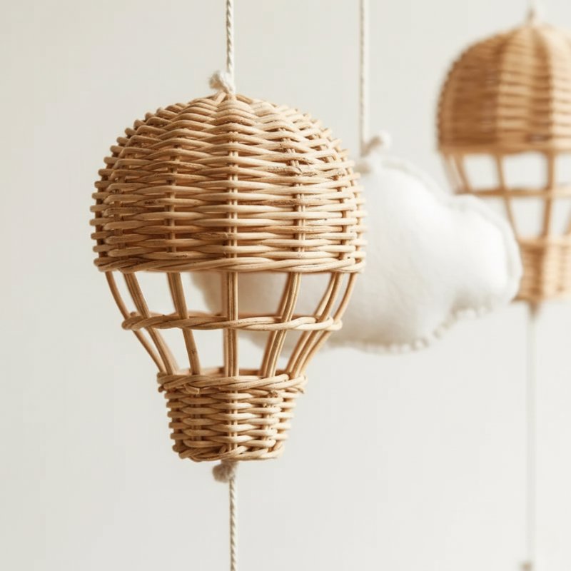 Móbile Infantil Balão de Ar Quente em Rattan e Nuvens de Madeira Rattan Decorativo 05 Kabannas 