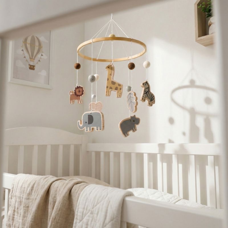 Móbile Musical de Madeira Boho para Berço Animais Safári Móbile de Berço 04 Kabannas 