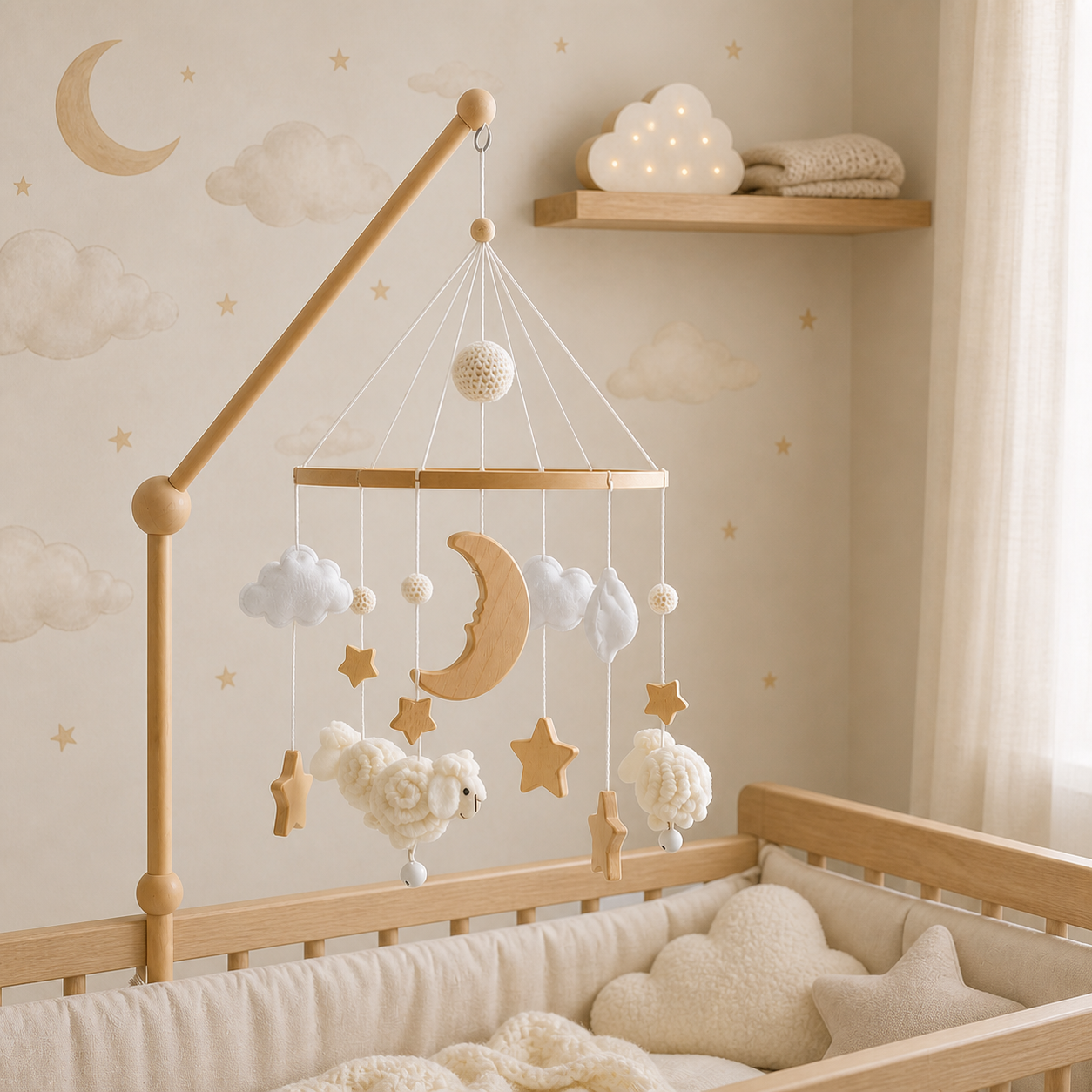 Móbile para berço com ovelhinhas, lua e estrelas em quarto de bebê celestial