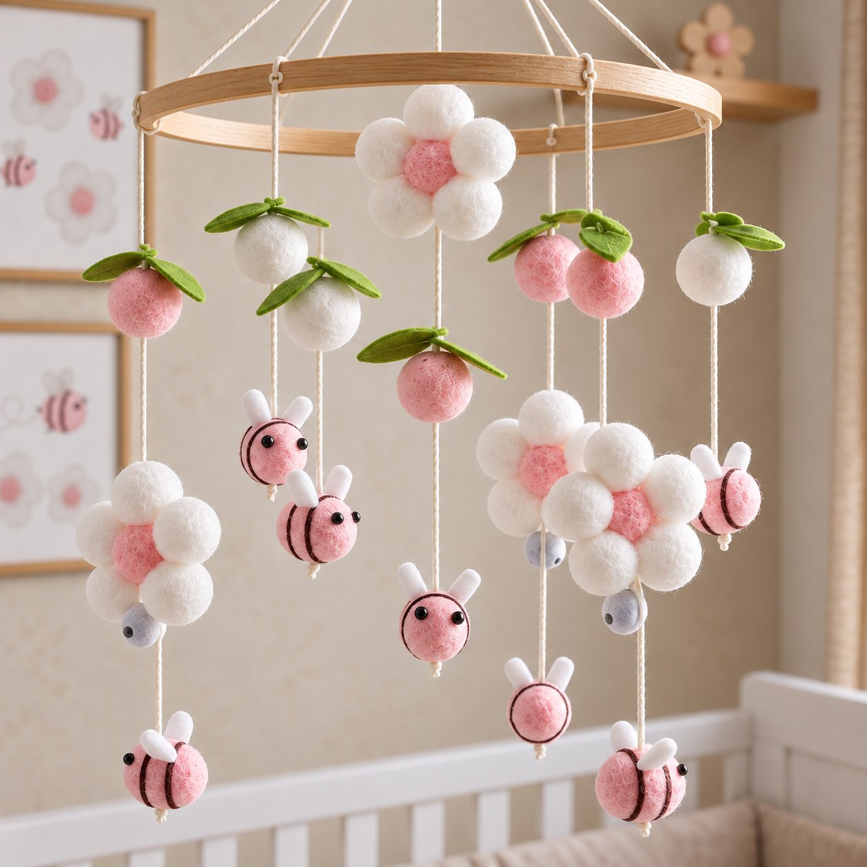 Móbile para Berço Bebê Giratório Abelhinhas e Flores Rosa Móbile de Berço 15 Kabannas 