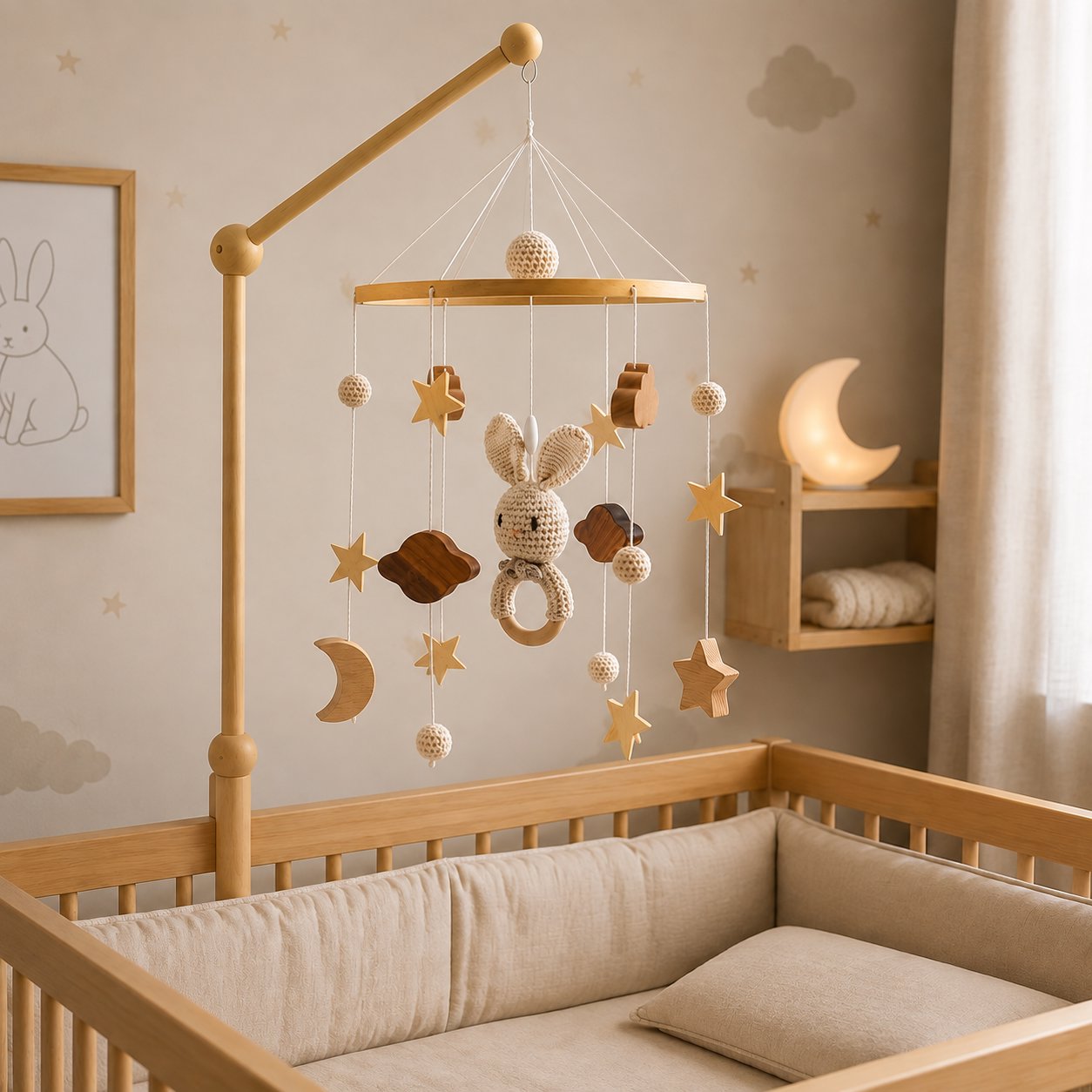 Móbile para Berço Bebê Giratório Coelhinho Lua e Estrelas Móbile de Berço 09 Kabannas 