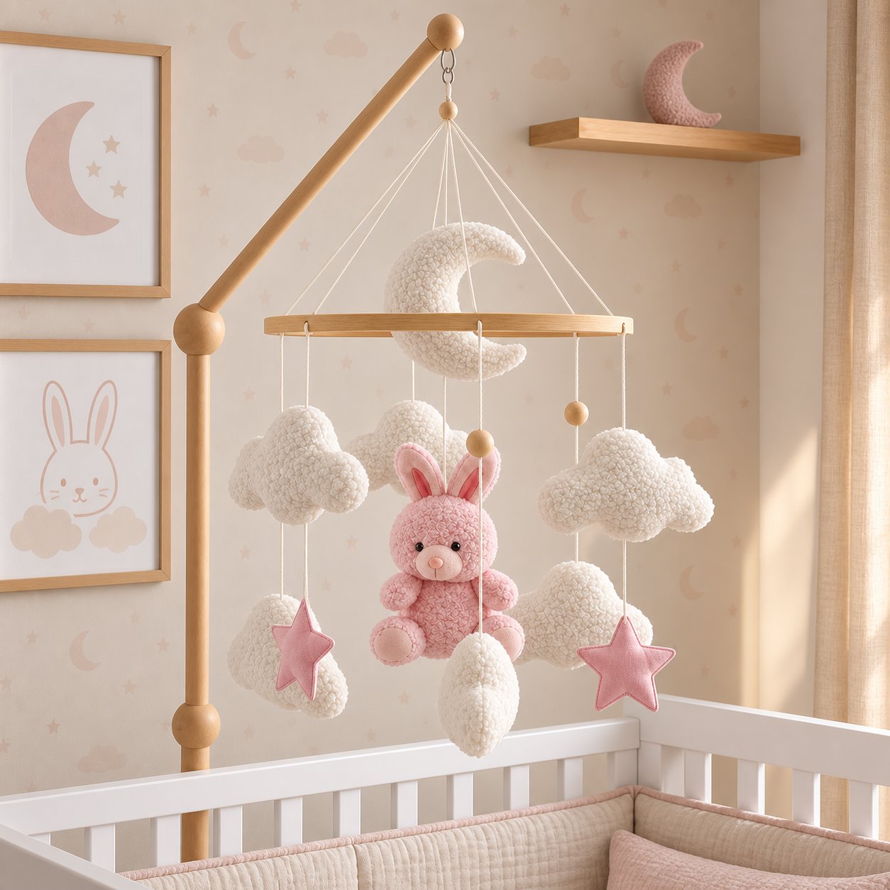 Móbile para Berço Bebê Giratório Coelhinho Rosa Lua e Nuvens Móbile de Berço 17 Kabannas 