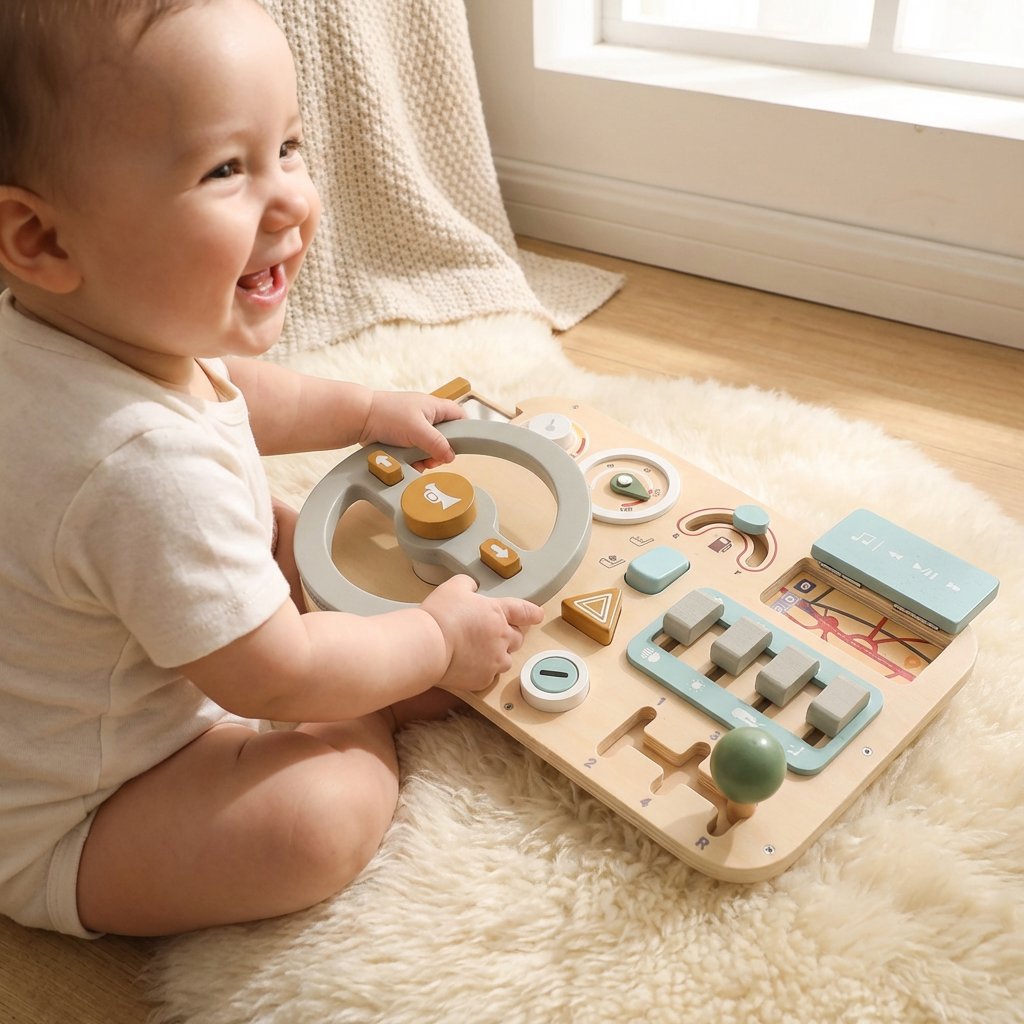 Painel Montessori Volante de Carro em Madeira Brinquedo Sensorial Infantil Brinquedos de Madeira 10 Kabannas 