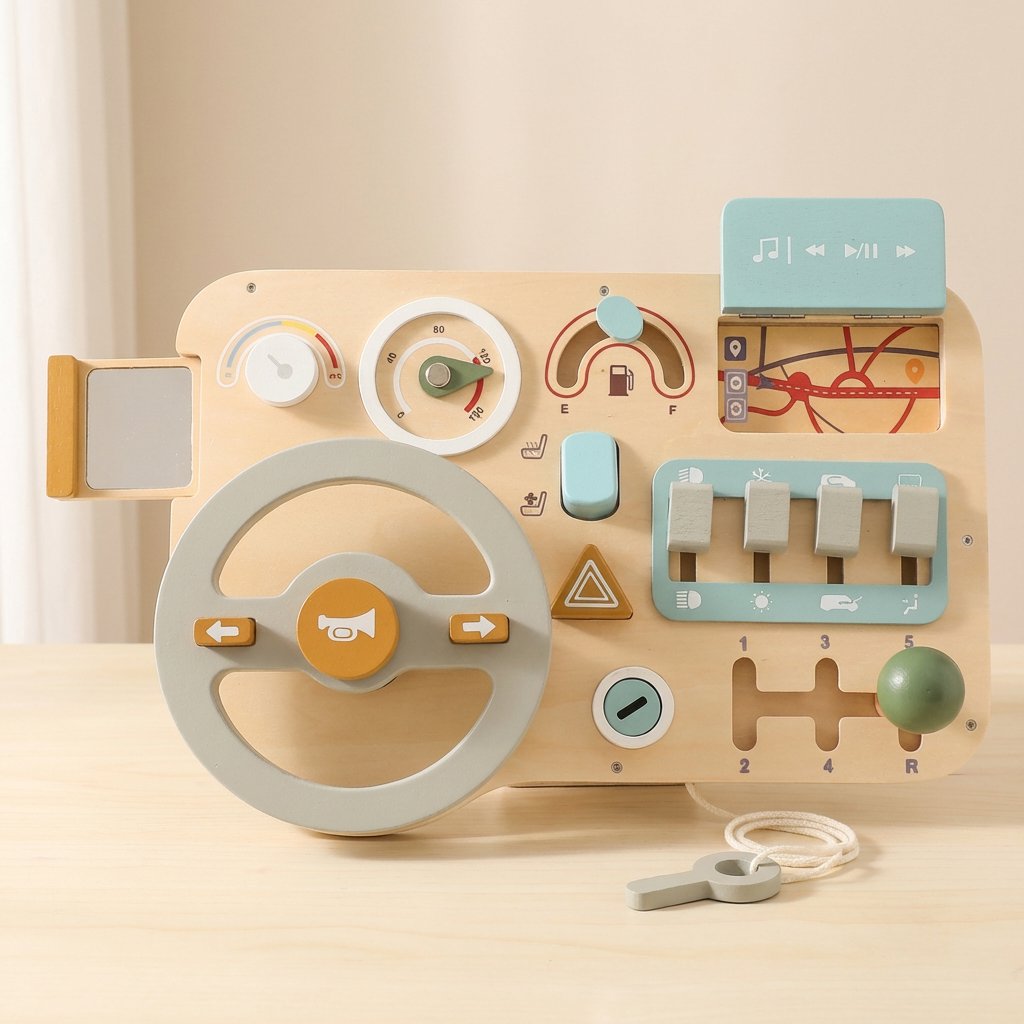 Painel Montessori Volante de Carro em Madeira Brinquedo Sensorial Infantil Brinquedos de Madeira 10 Kabannas 