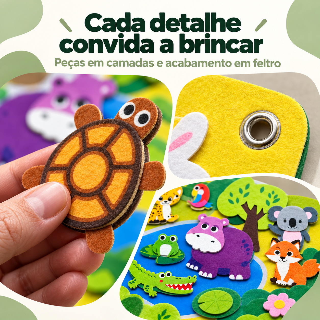 Detalhes das peças em camadas e acabamento em feltro