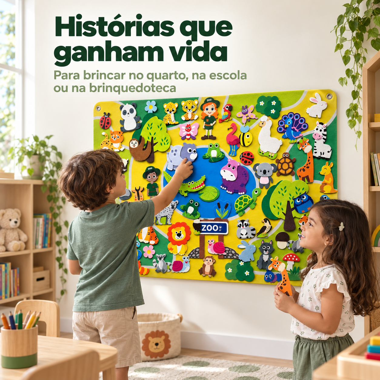Crianças brincando com painel educativo de feltro tema zoológico