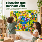Crianças brincando com painel educativo de feltro tema zoológico