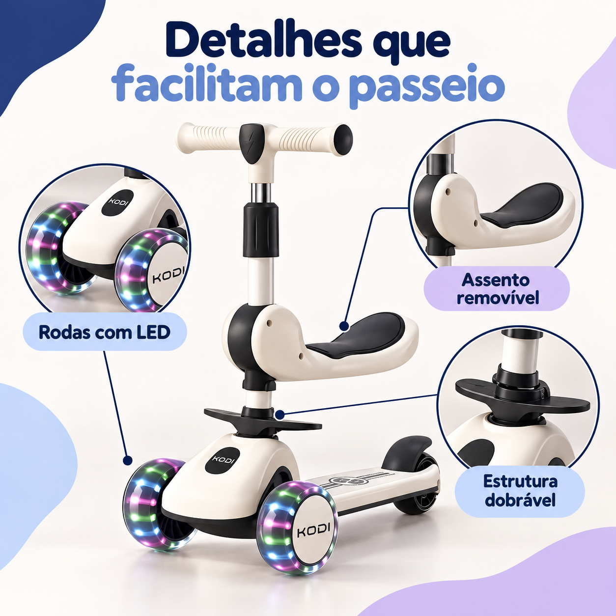 Rodas LED assento removível e estrutura dobrável