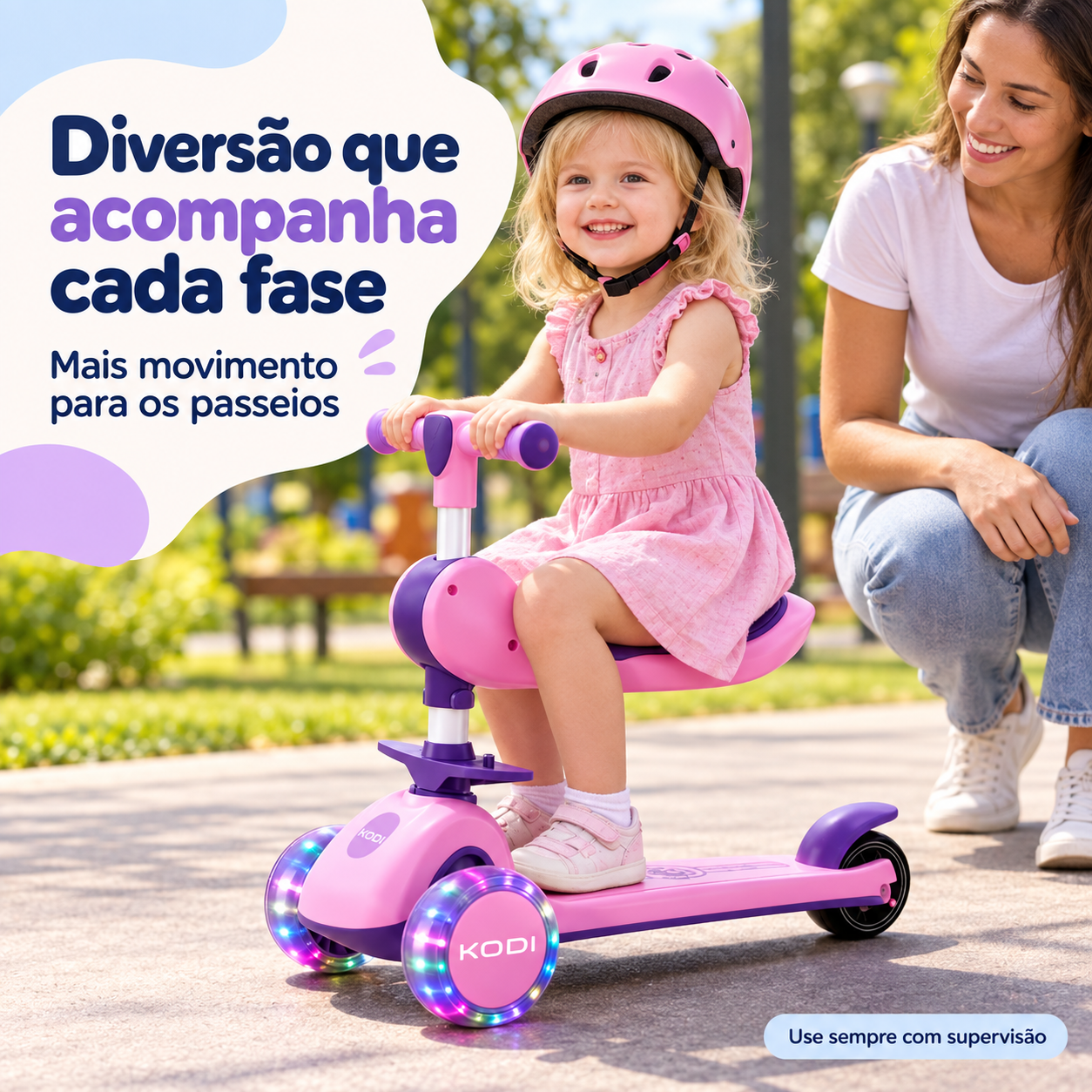 Criança usando patinete infantil com supervisão